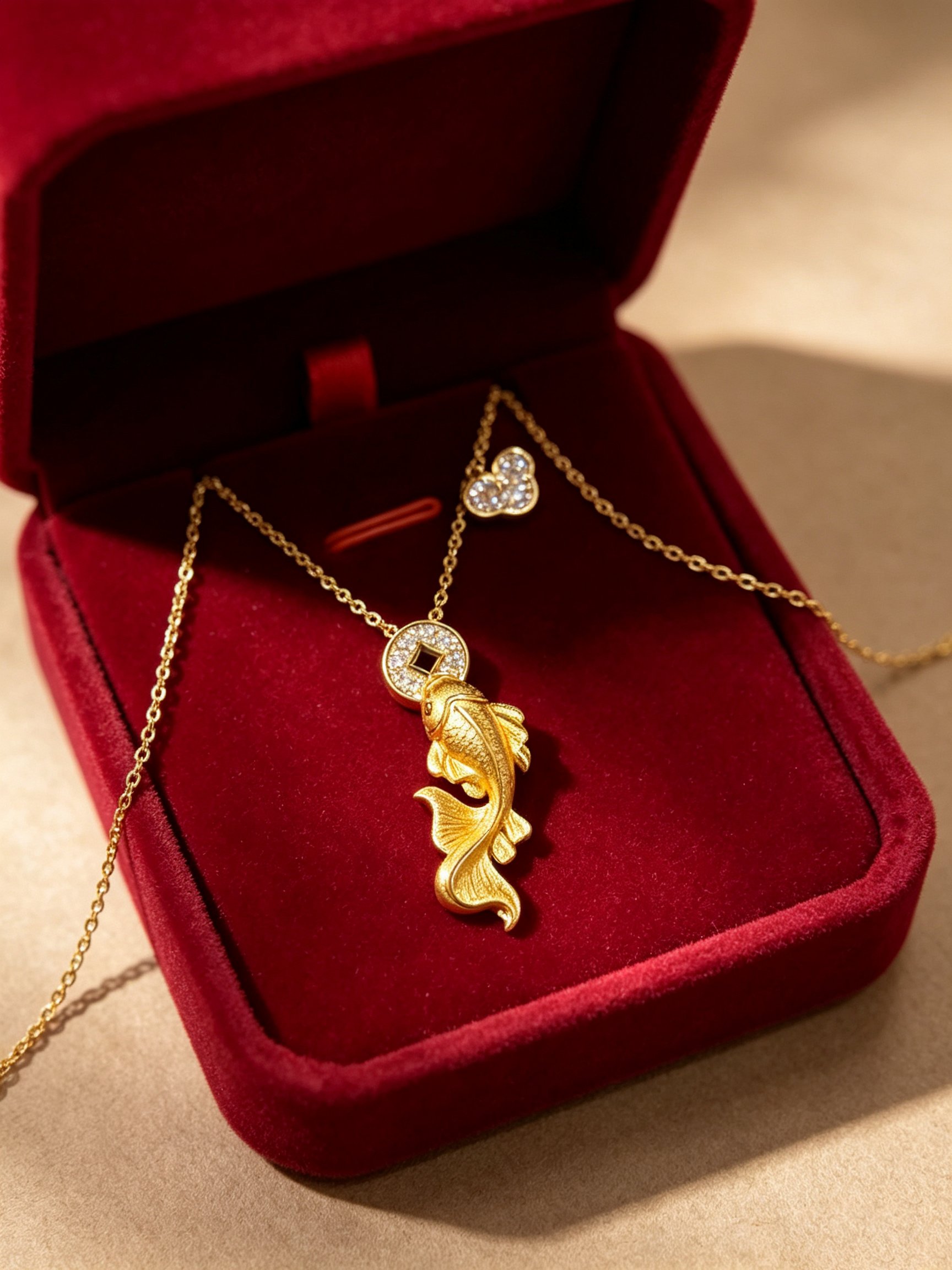 Golden Fish and Coin Charm Necklace