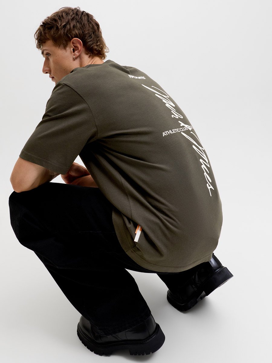 Olive Back Script Print Crew Neck T-Shirt