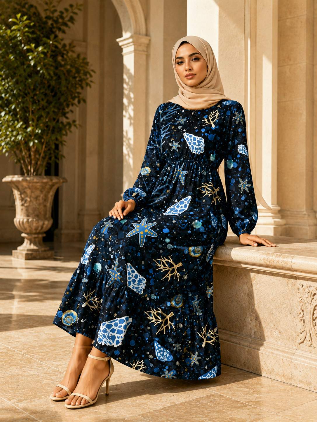 فستان ميدي بأكمام طويلة وطبعة أحياء مائية باللون الكحلي