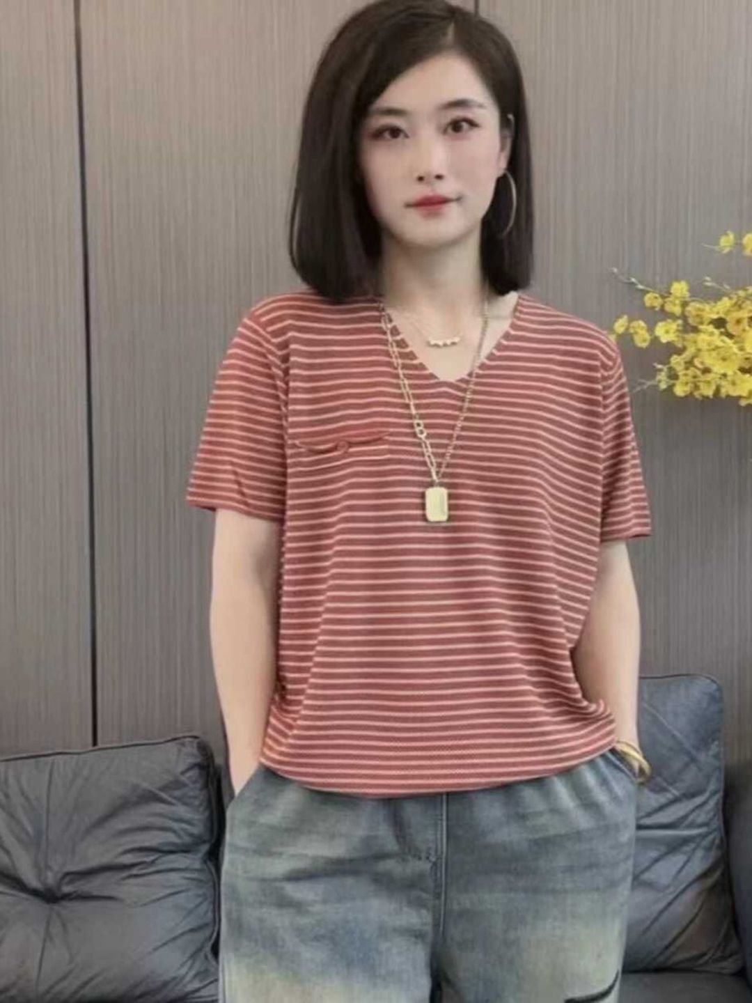 Red Striped V-Neck T-Shirt