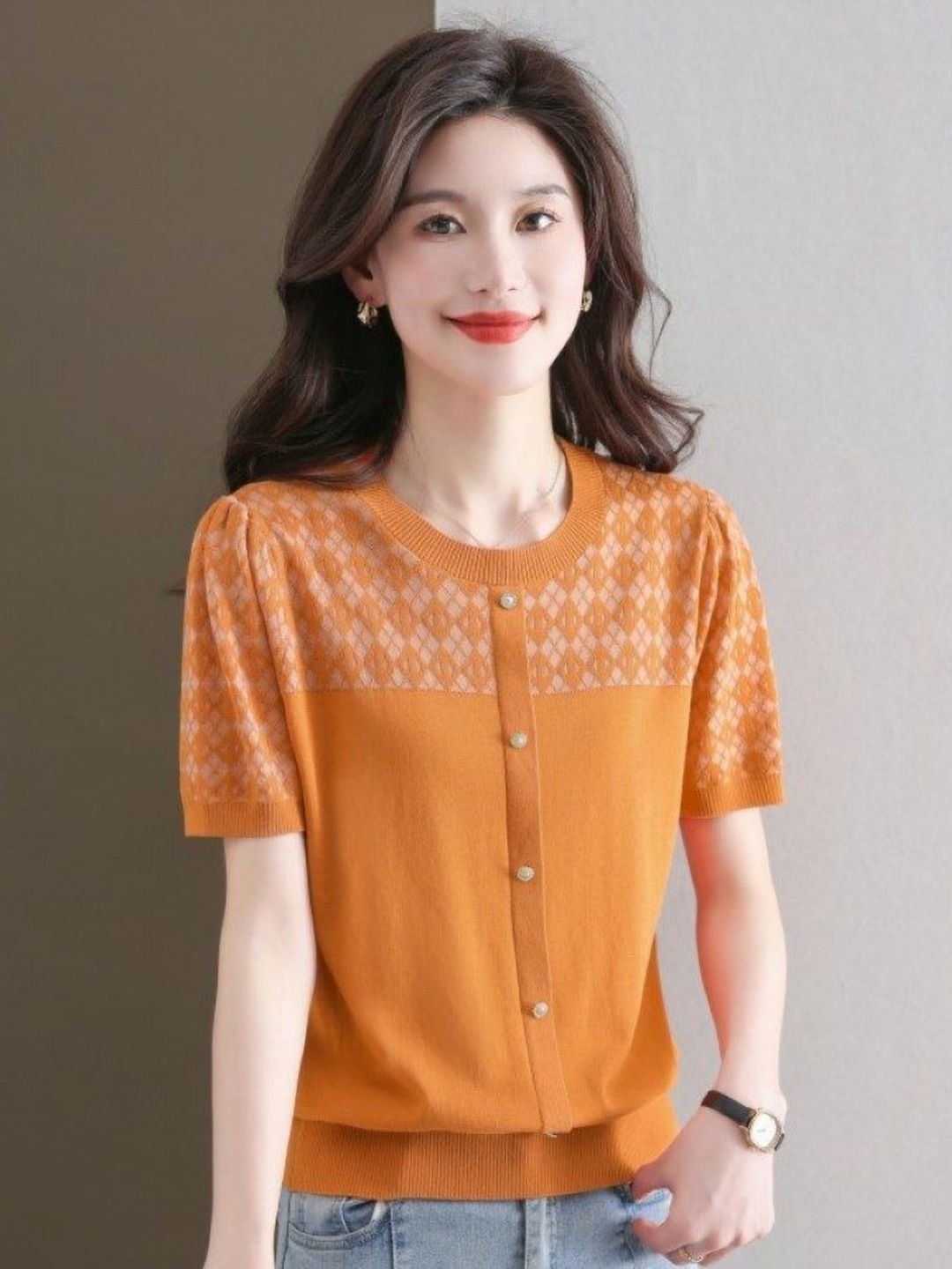 Orange Woven Round Neck Top
