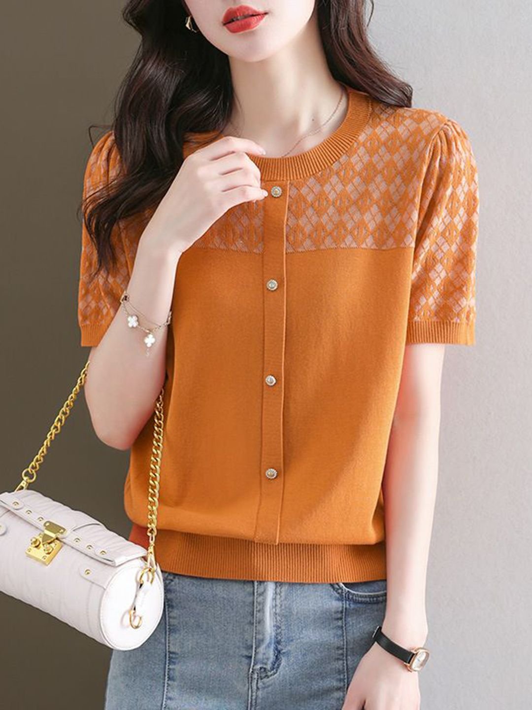 Orange Woven Round Neck Top