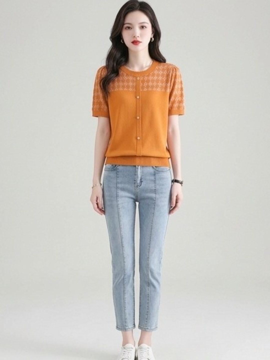 Orange Woven Round Neck Top