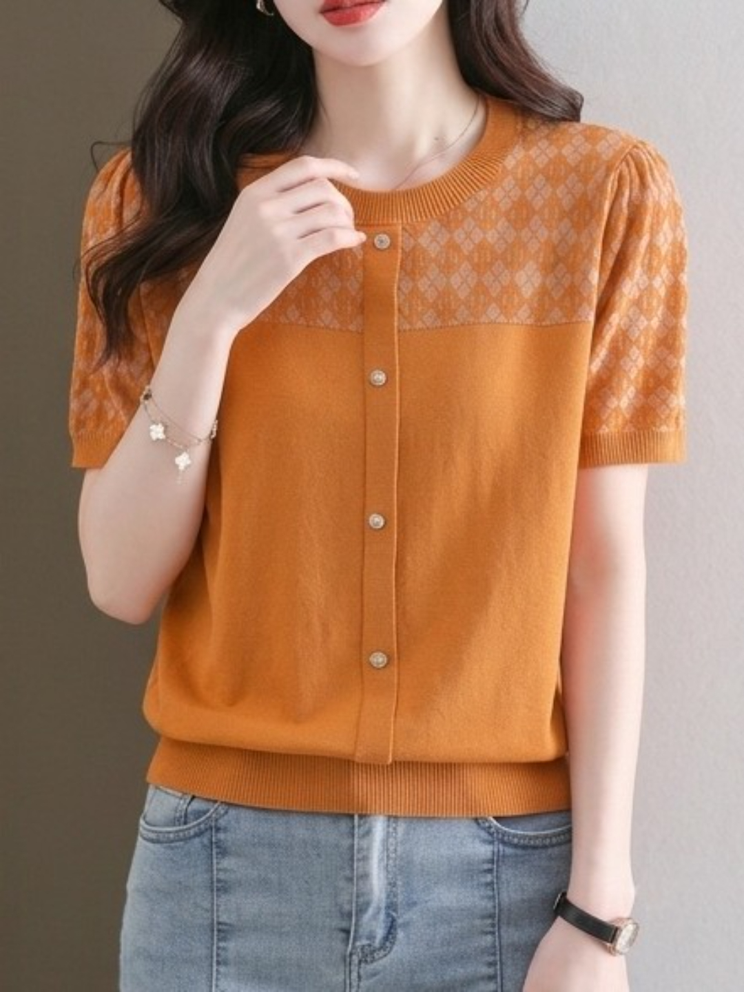 Orange Woven Round Neck Top