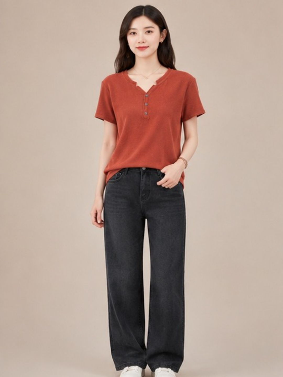 Rust Red V-Neck Ribbed T-Shirt