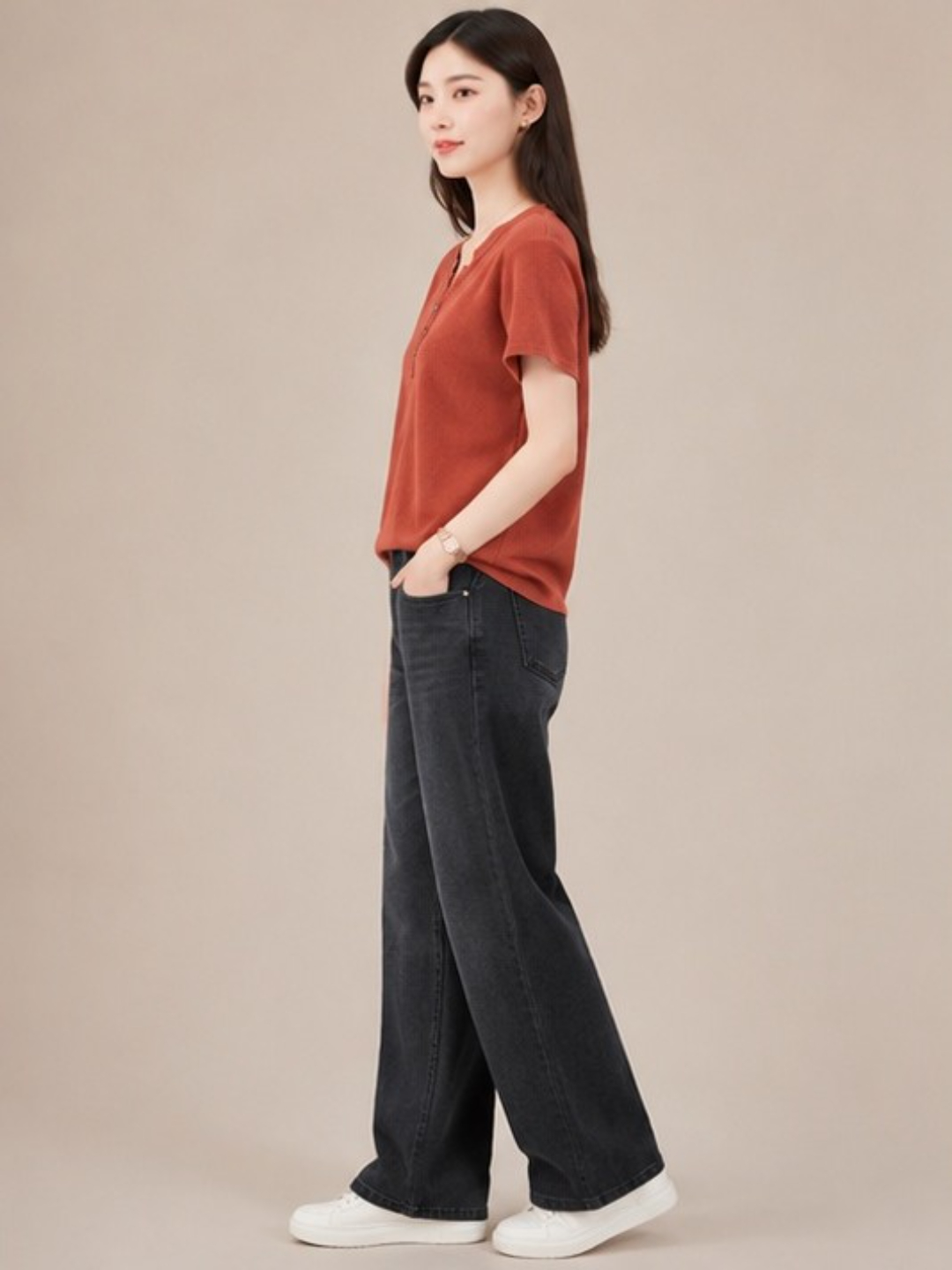 Rust Red V-Neck Ribbed T-Shirt