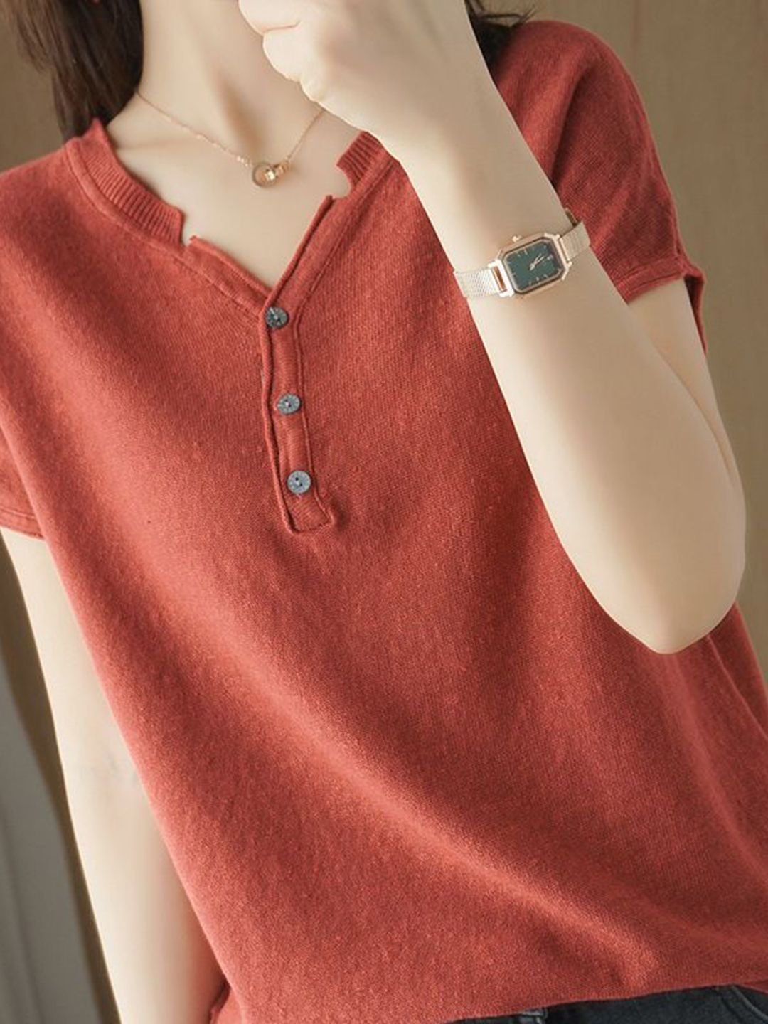 Rust Red V-Neck Ribbed T-Shirt