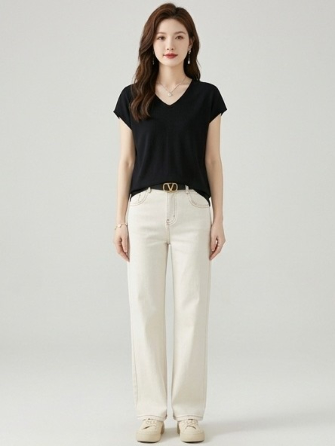 Black V-Neck Woven T-Shirt