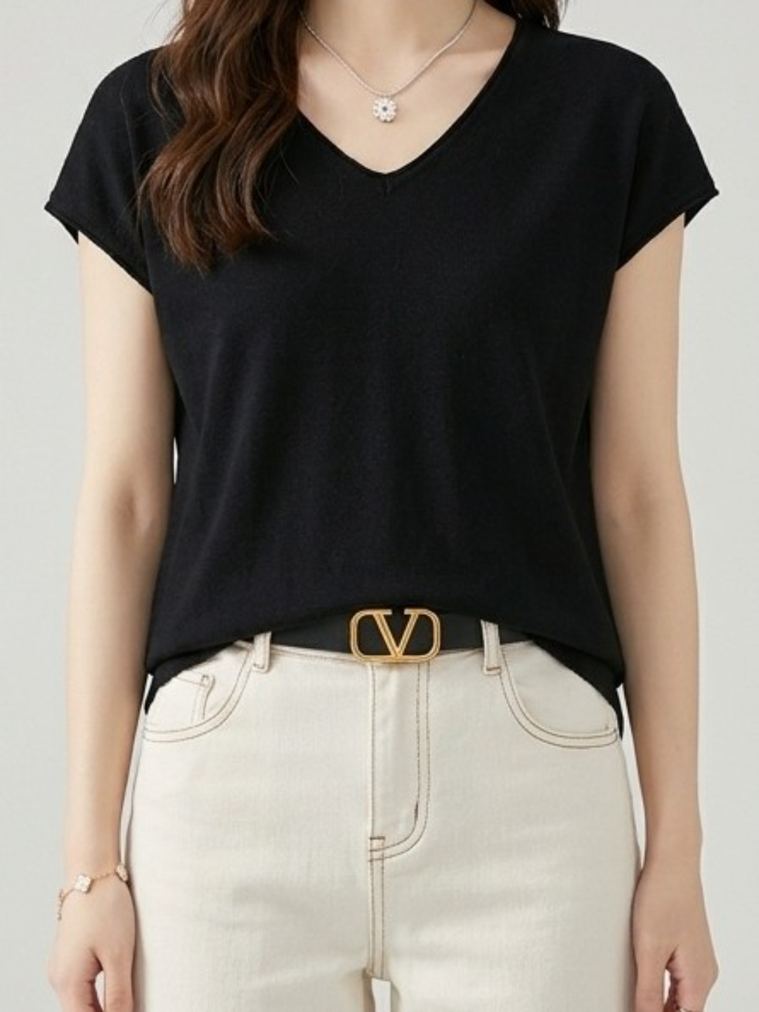 Black V-Neck Woven T-Shirt