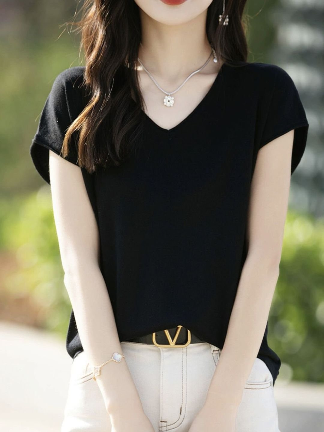Black V-Neck Woven T-Shirt