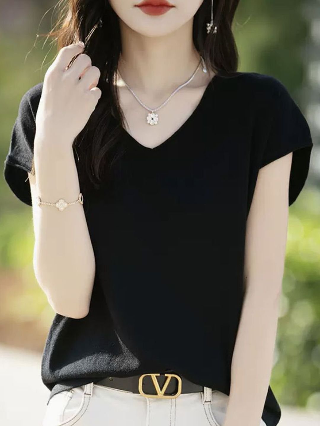 Black V-Neck Woven T-Shirt
