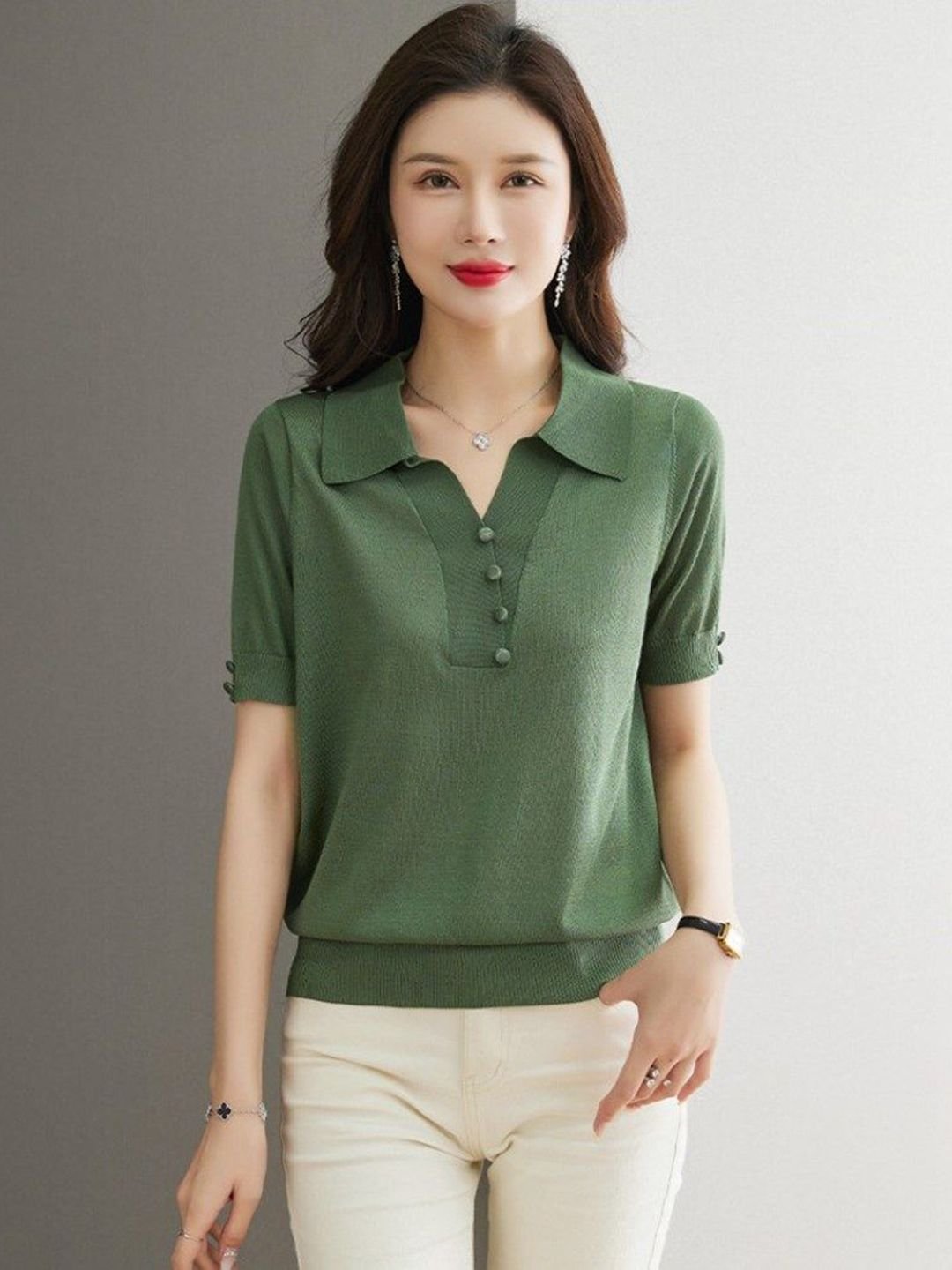 Green Woven Polo Top