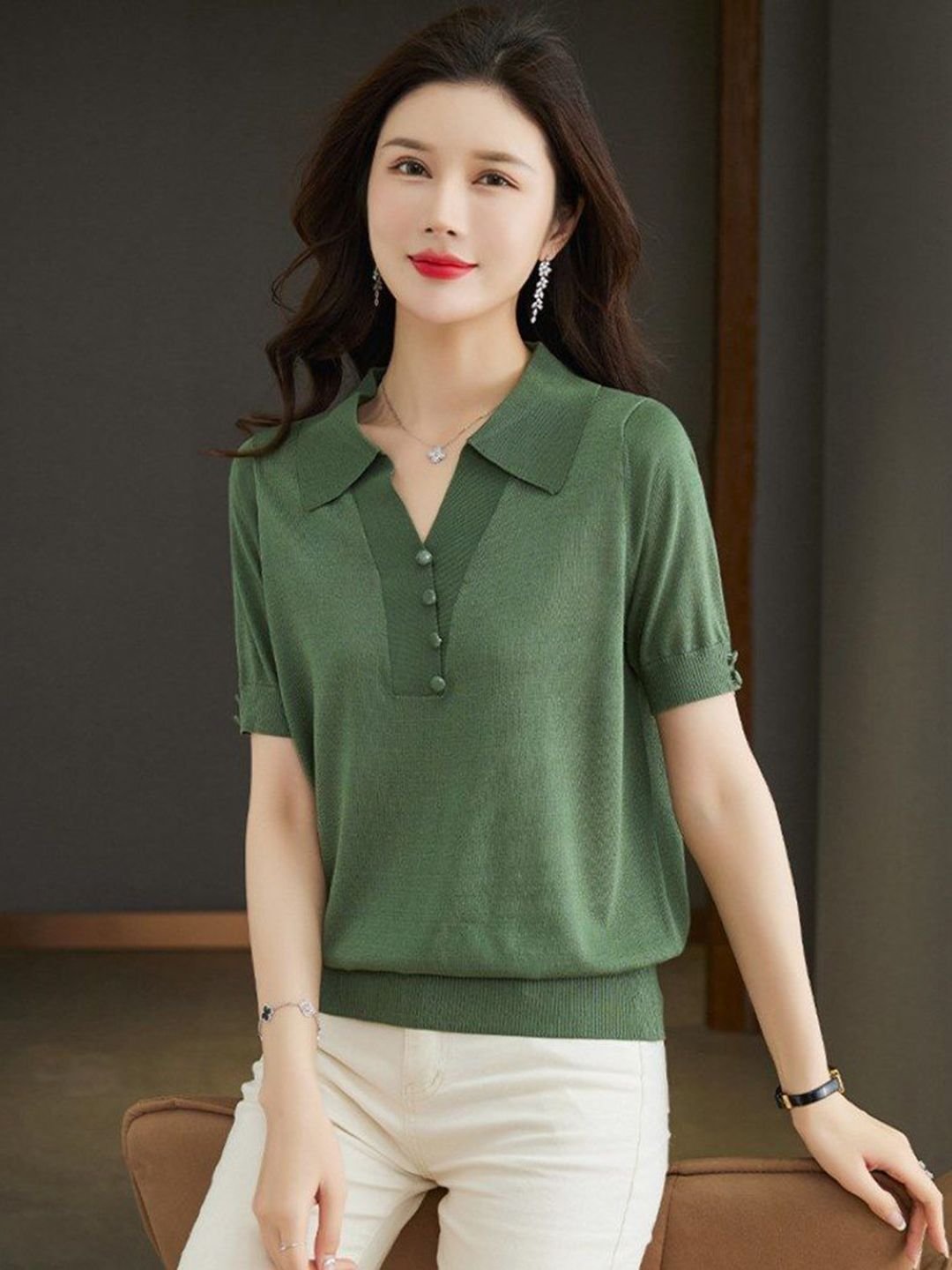 Green Woven Polo Top
