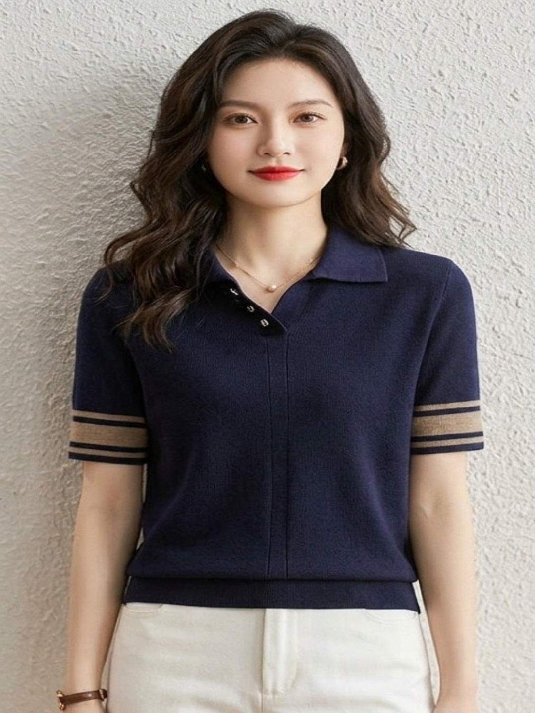 Navy Blue Knit Polo T-Shirt with Striped Sleeves