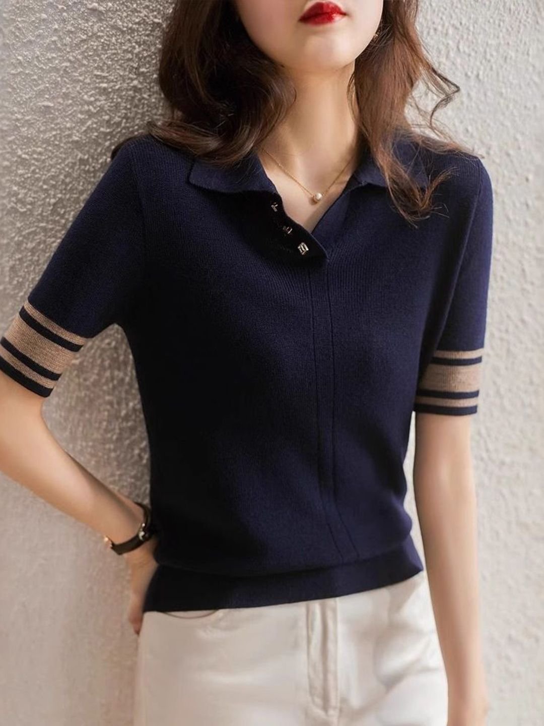 Navy Blue Knit Polo T-Shirt with Striped Sleeves