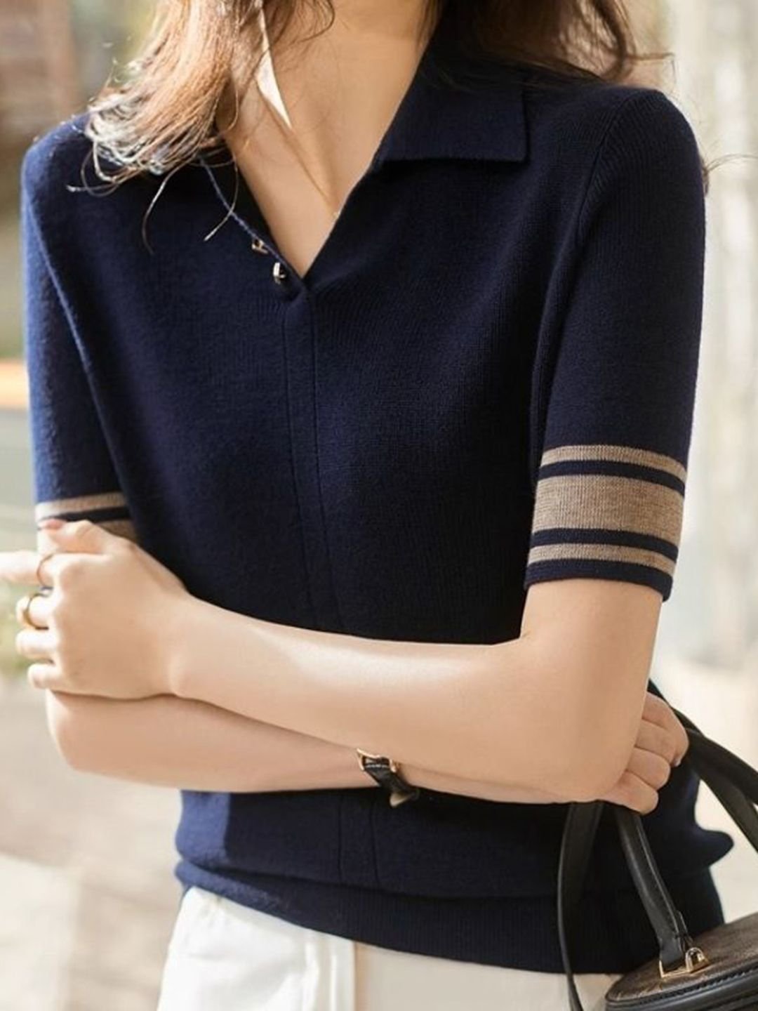 Navy Blue Knit Polo T-Shirt with Striped Sleeves