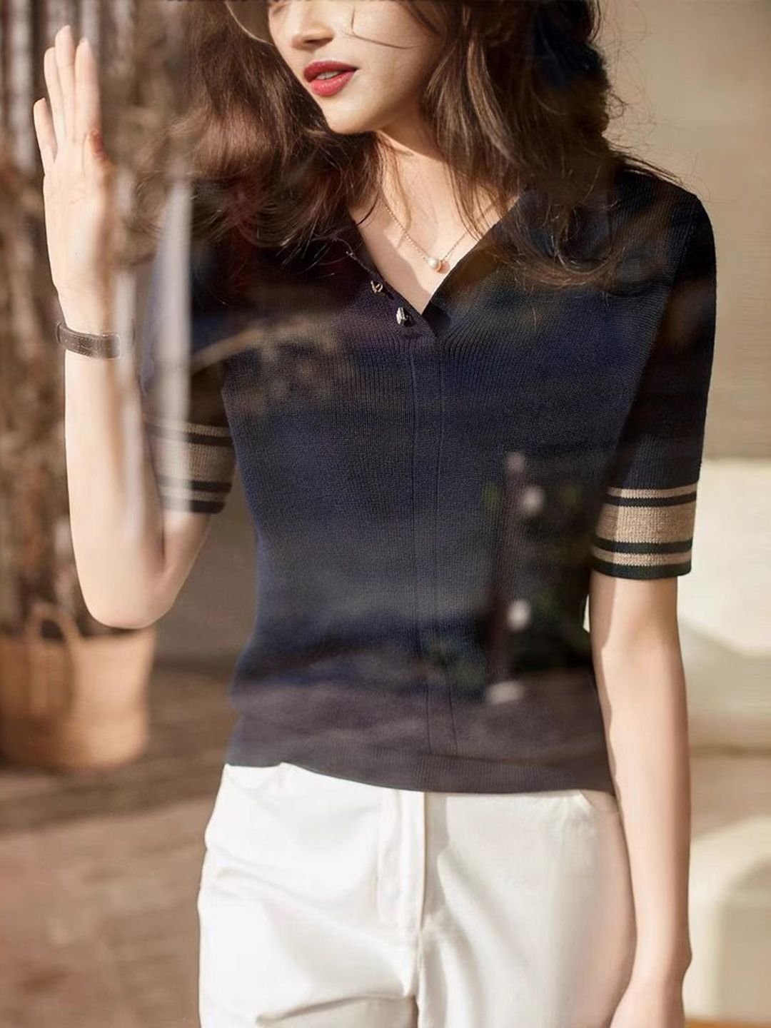 Navy Blue Knit Polo T-Shirt with Striped Sleeves