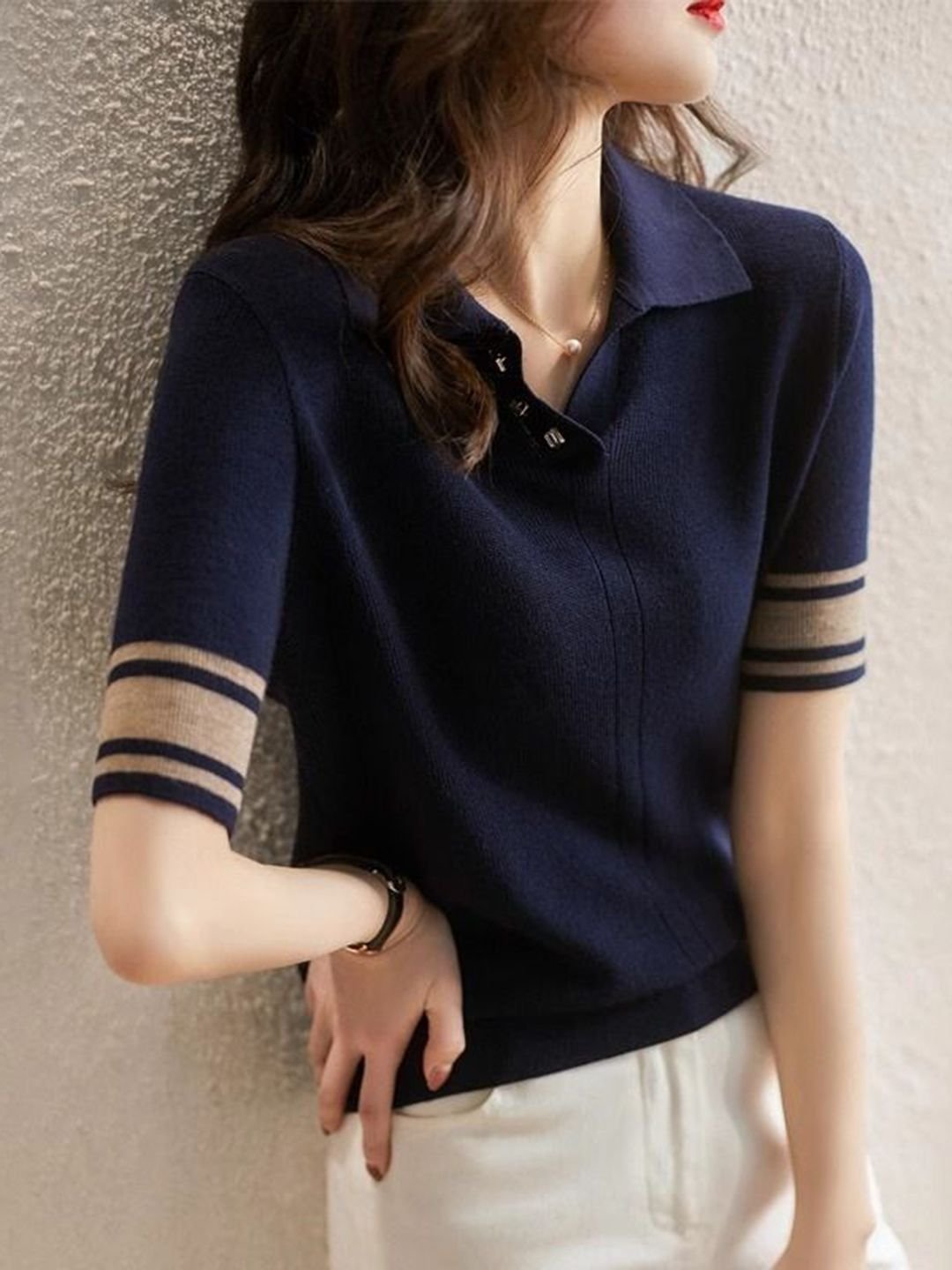 Navy Blue Knit Polo T-Shirt with Striped Sleeves
