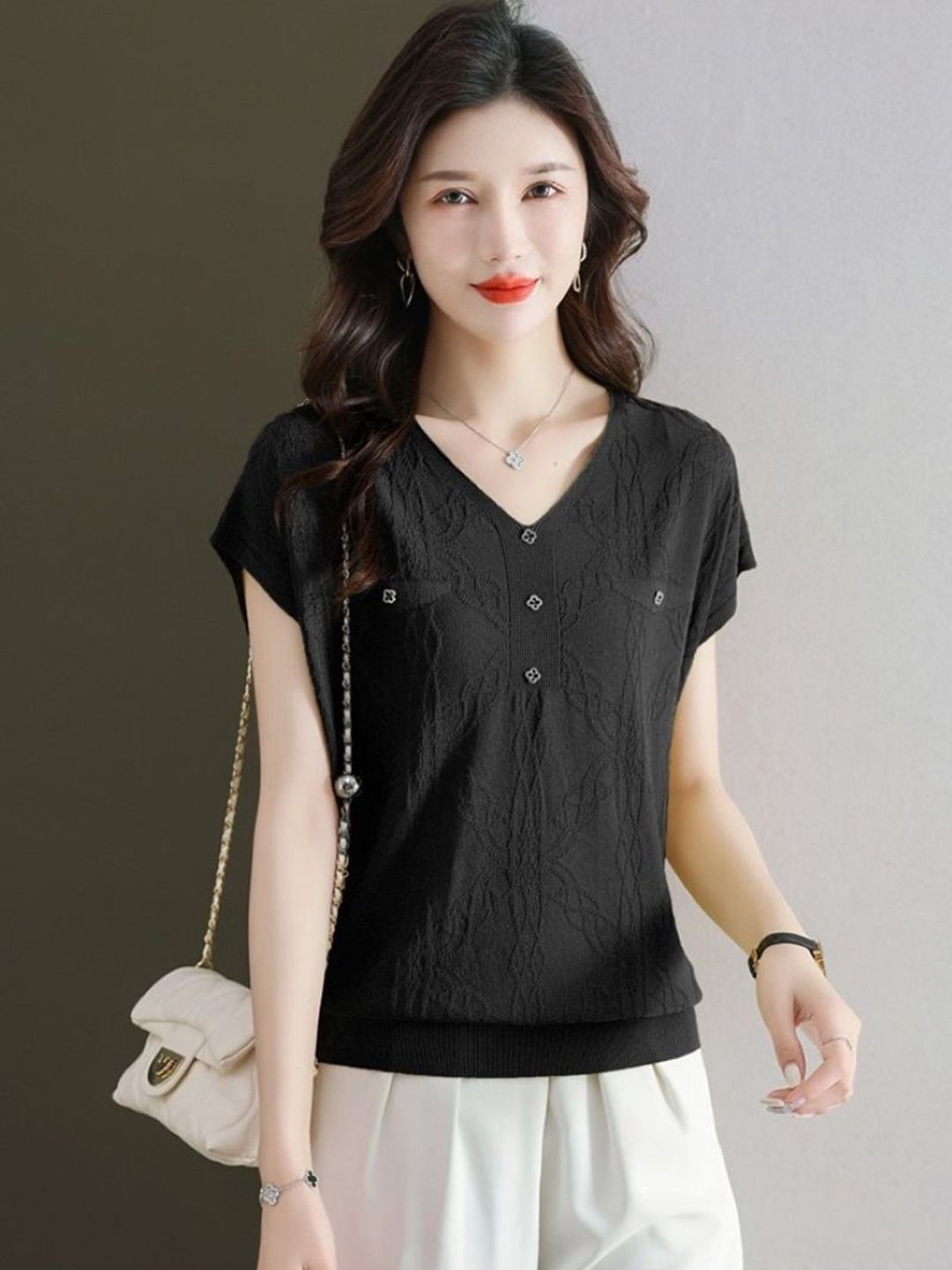 Black V-Neck Woven Top with Subtle Embellishments