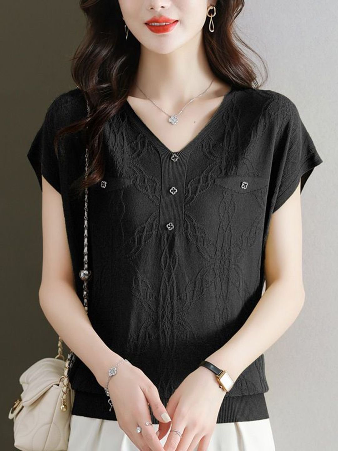 Black V-Neck Woven Top with Subtle Embellishments