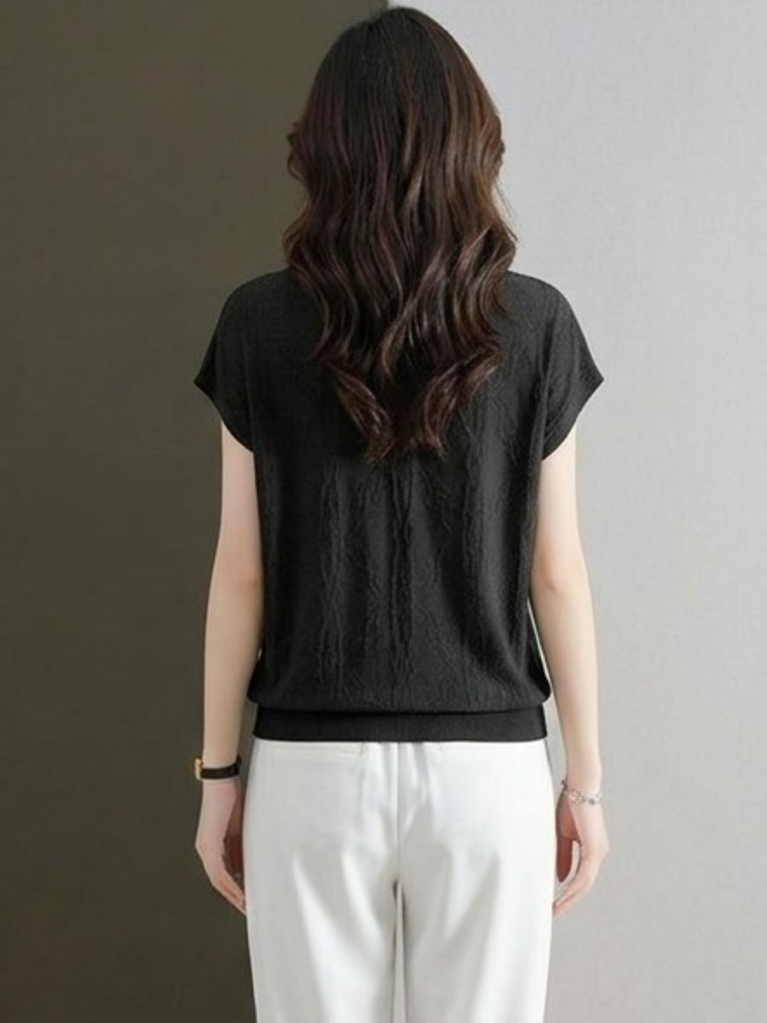 Black V-Neck Woven Top with Subtle Embellishments