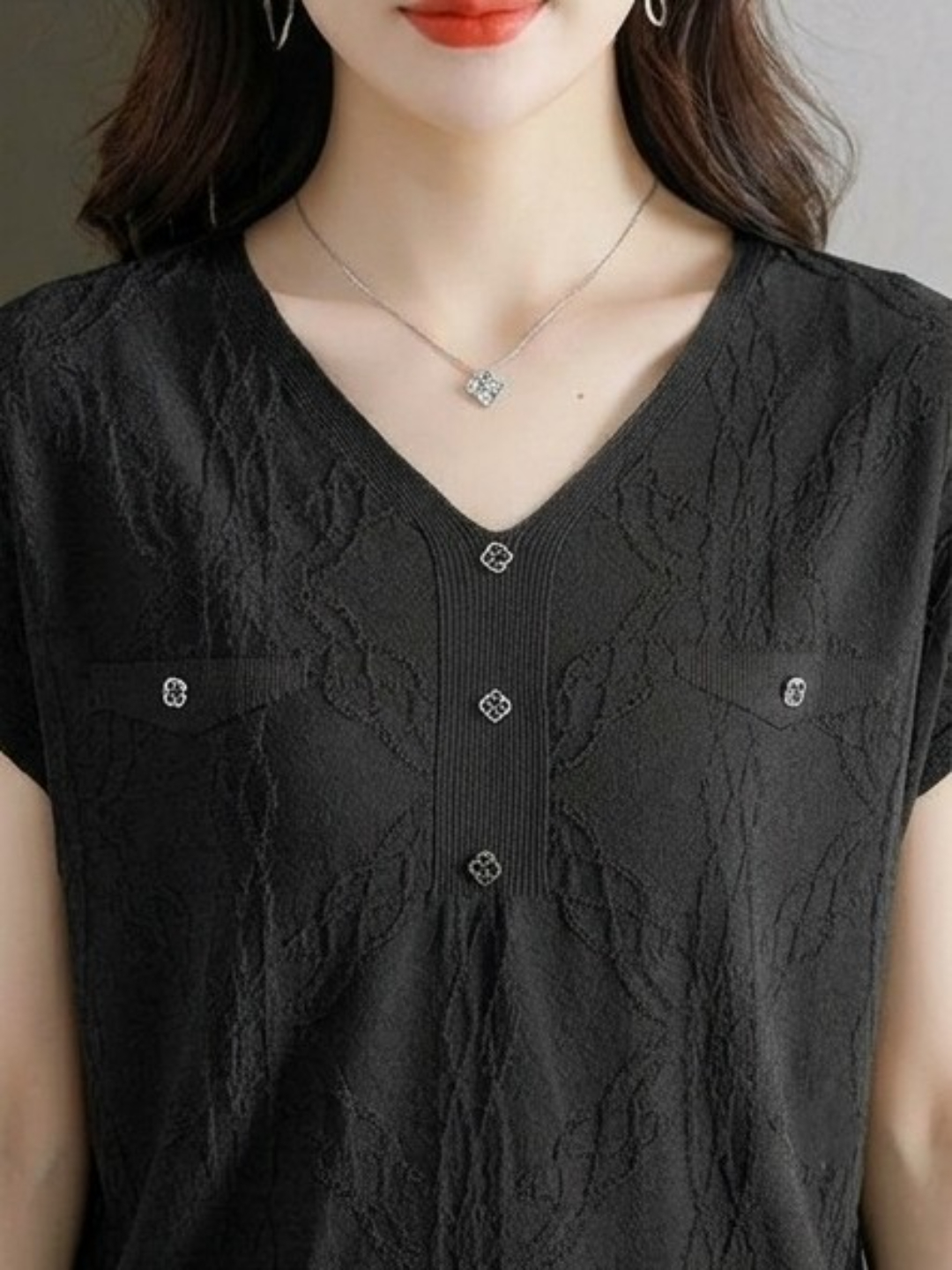 Black V-Neck Woven Top with Subtle Embellishments