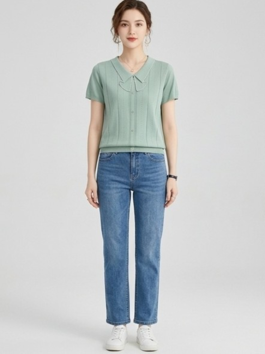 Mint Green Knitted Peter Pan Collar T-Shirt