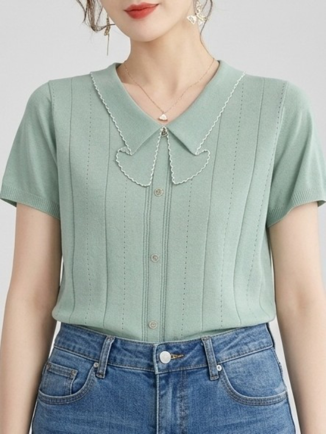 Mint Green Knitted Peter Pan Collar T-Shirt
