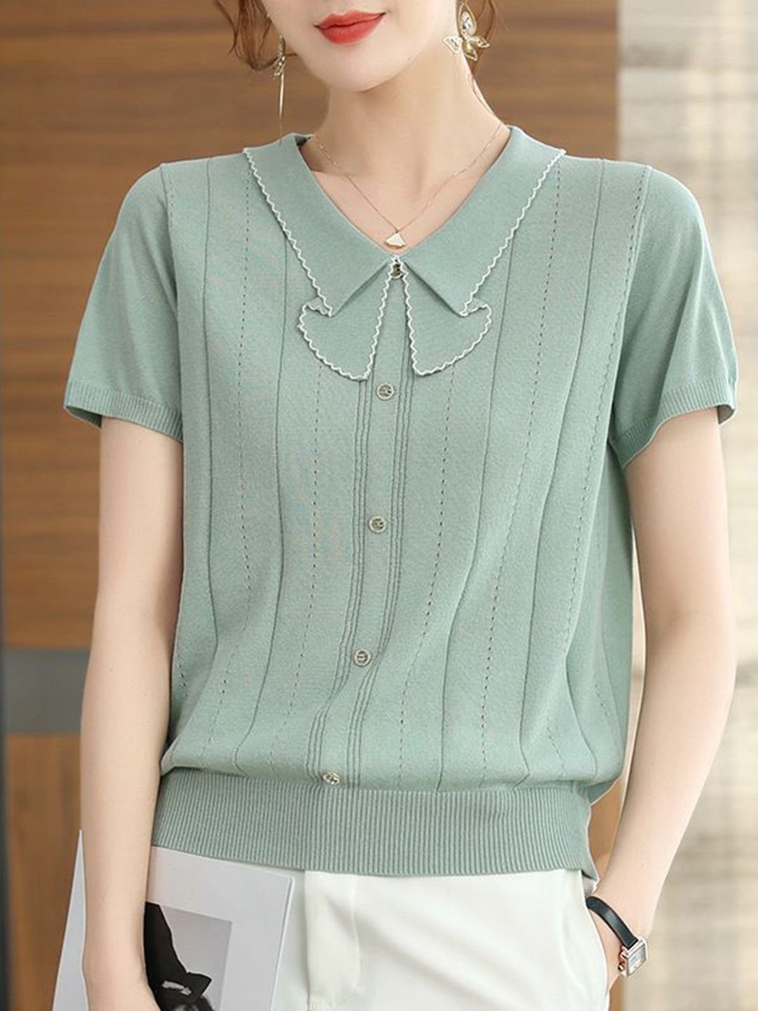Mint Green Knitted Peter Pan Collar T-Shirt