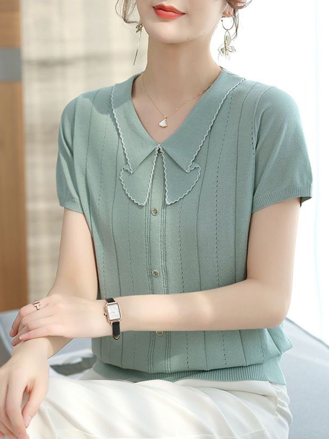 Mint Green Knitted Peter Pan Collar T-Shirt