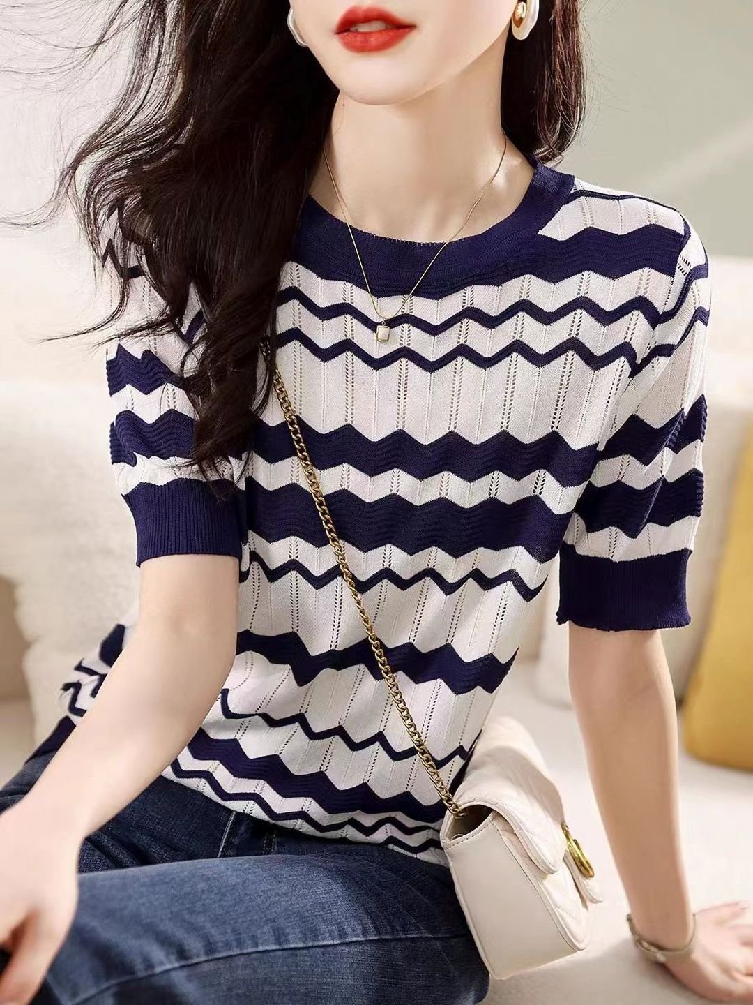 Striped Scoop Neck Cotton T-Shirt with Short Sleeves