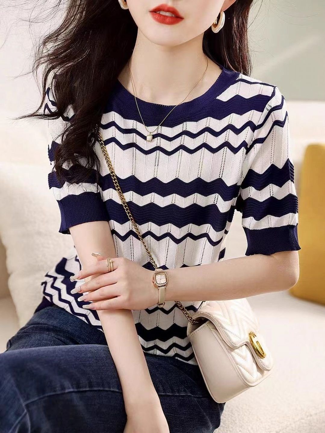 Striped Scoop Neck Cotton T-Shirt with Short Sleeves
