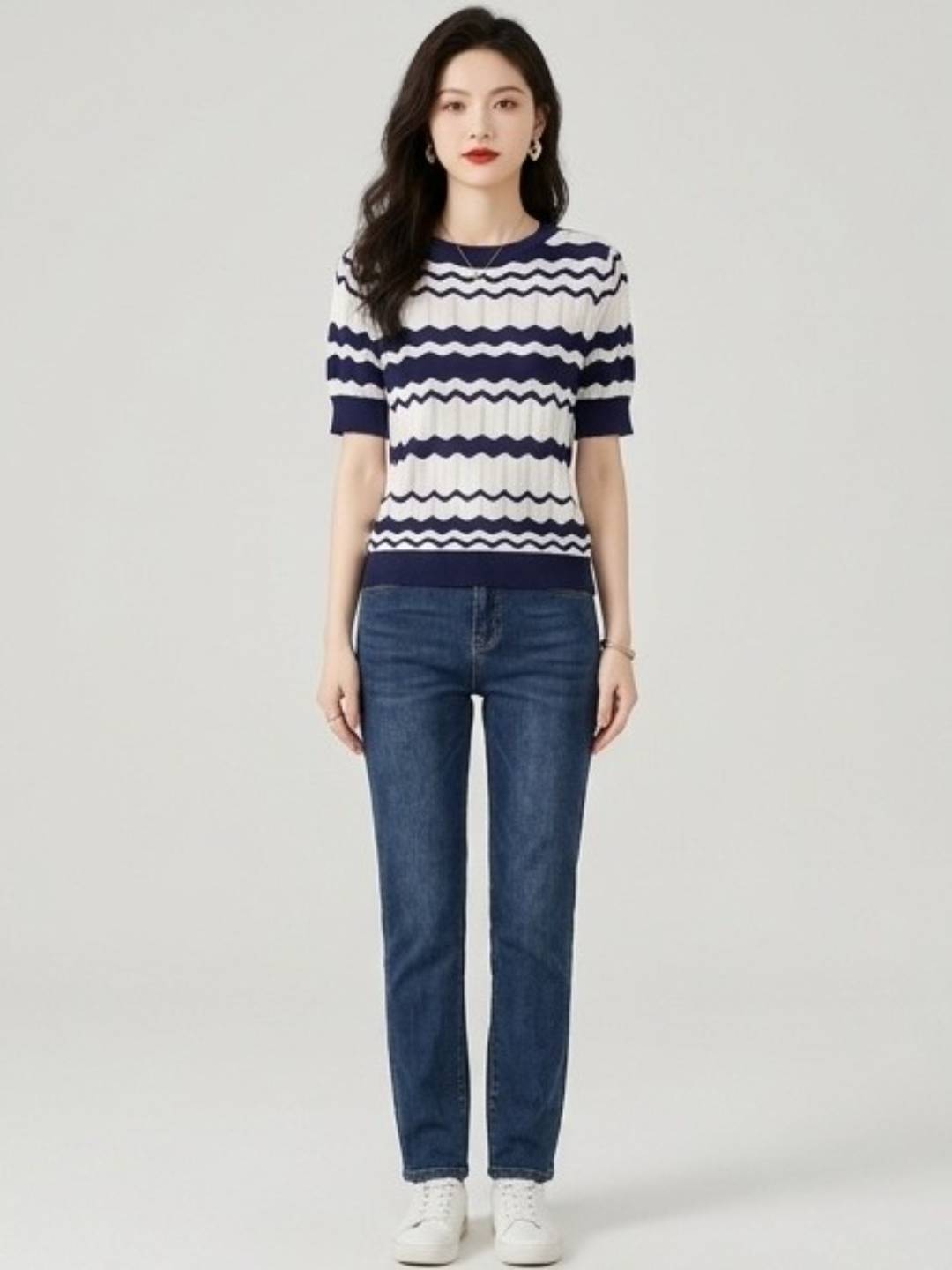 Striped Scoop Neck Cotton T-Shirt with Short Sleeves