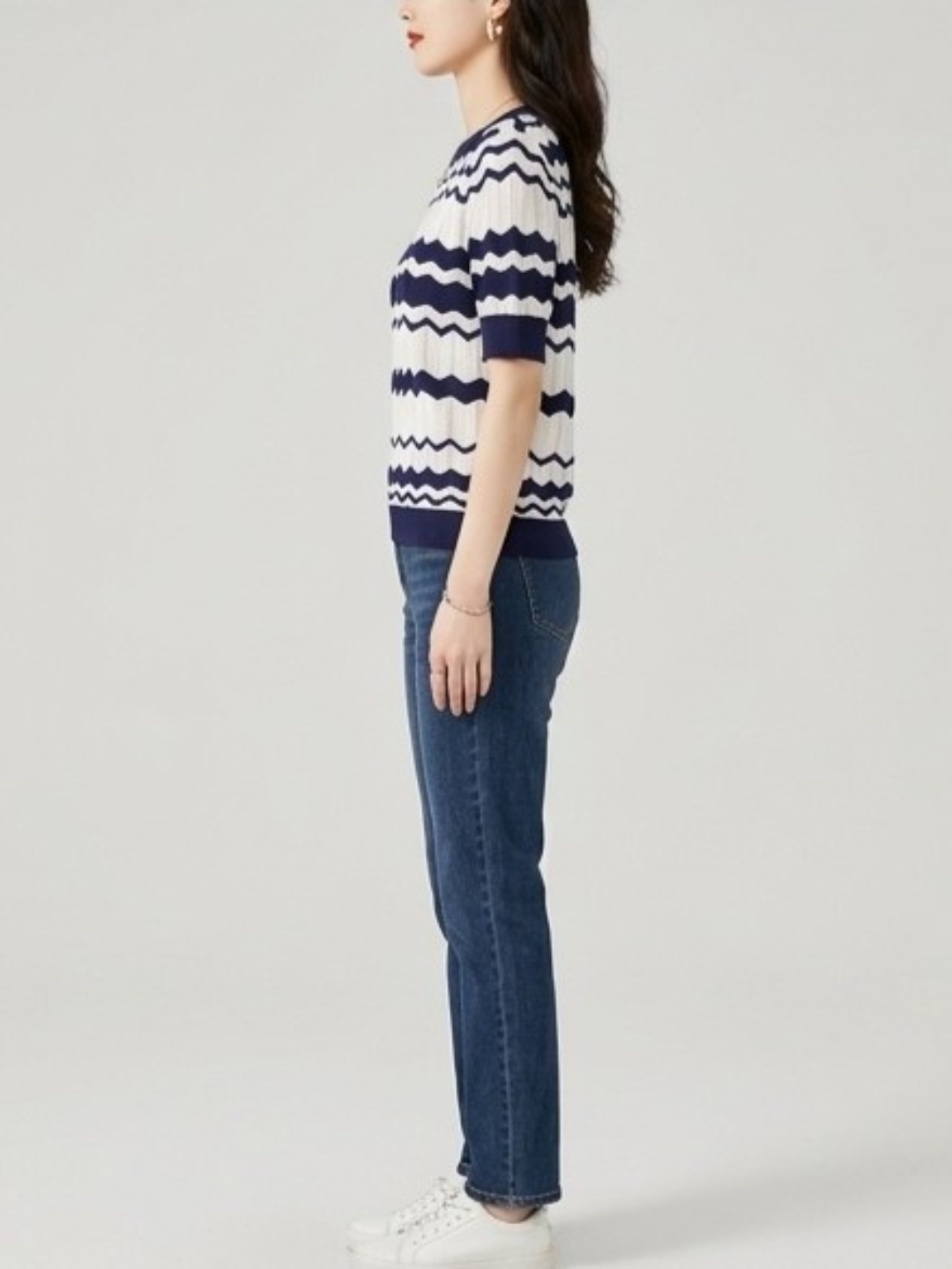 Striped Scoop Neck Cotton T-Shirt with Short Sleeves