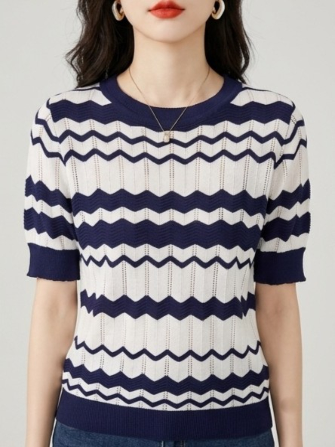 Striped Scoop Neck Cotton T-Shirt with Short Sleeves