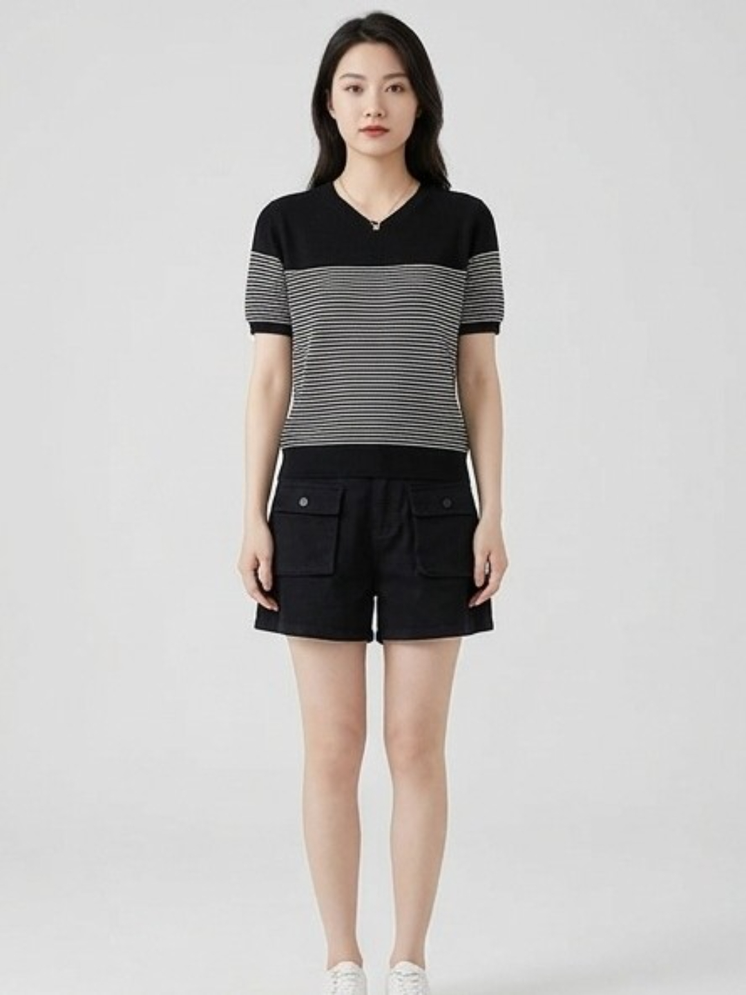 Black Striped V-Neck Knit T-Shirt