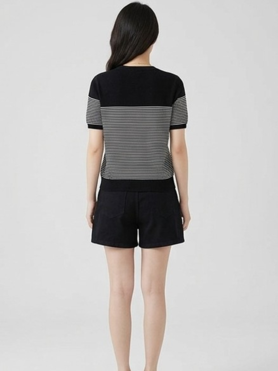Black Striped V-Neck Knit T-Shirt