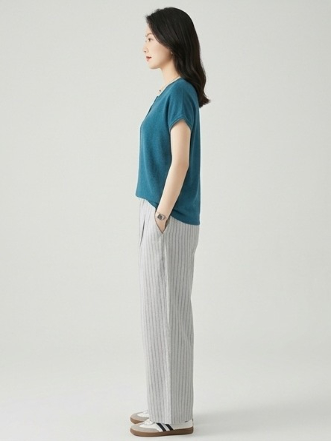 Teal V-Neck Woven T-Shirt