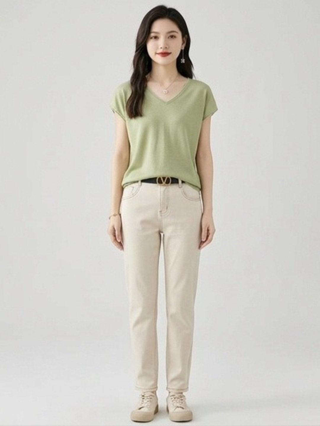 Green V-Neck Woven T-Shirt