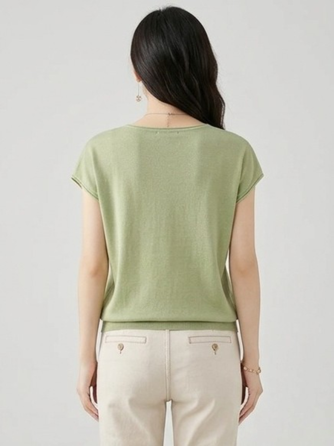 Green V-Neck Woven T-Shirt