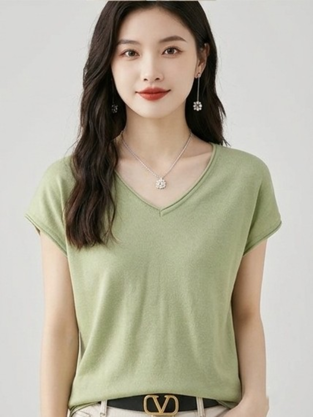 Green V-Neck Woven T-Shirt