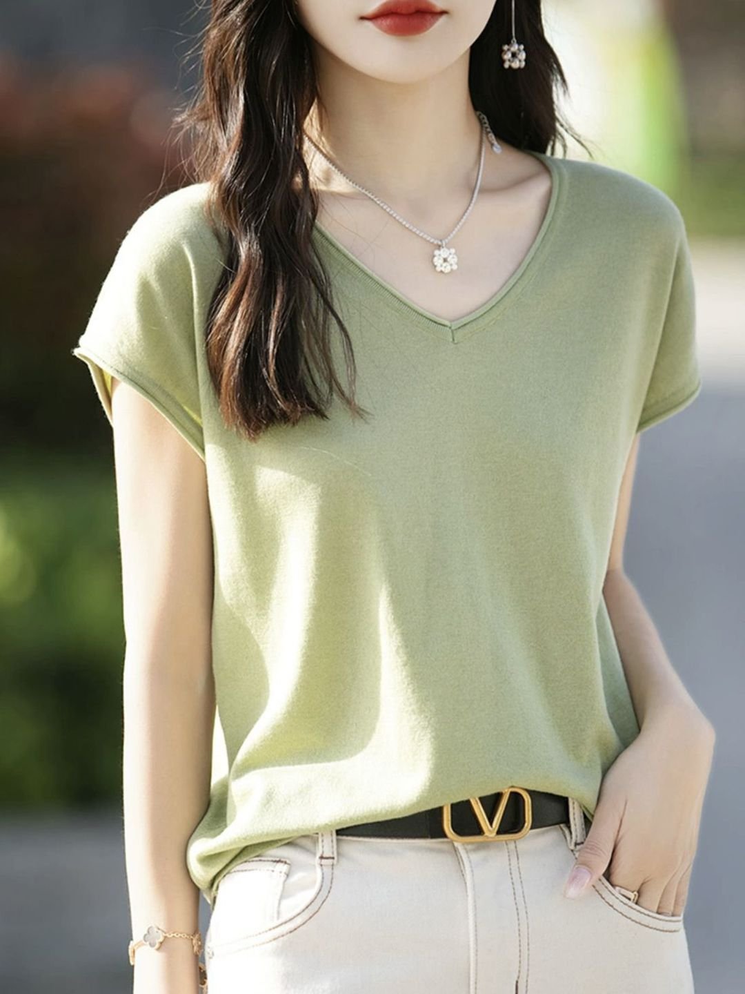 Green V-Neck Woven T-Shirt