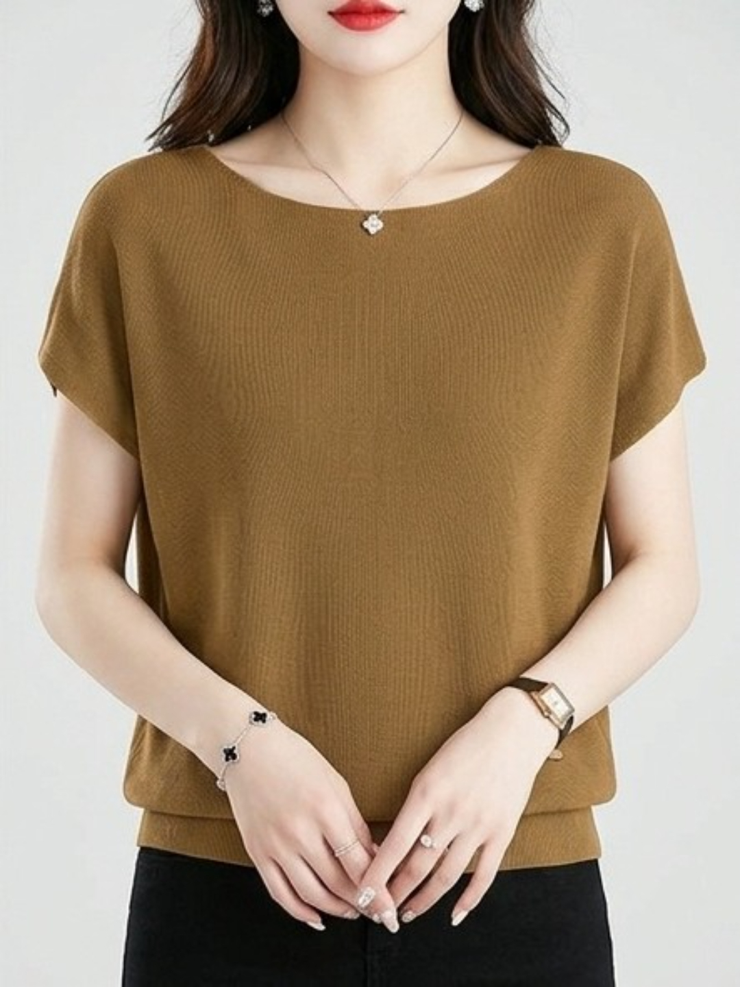 Golden Brown Scoop Neck Cap Sleeve T-Shirt