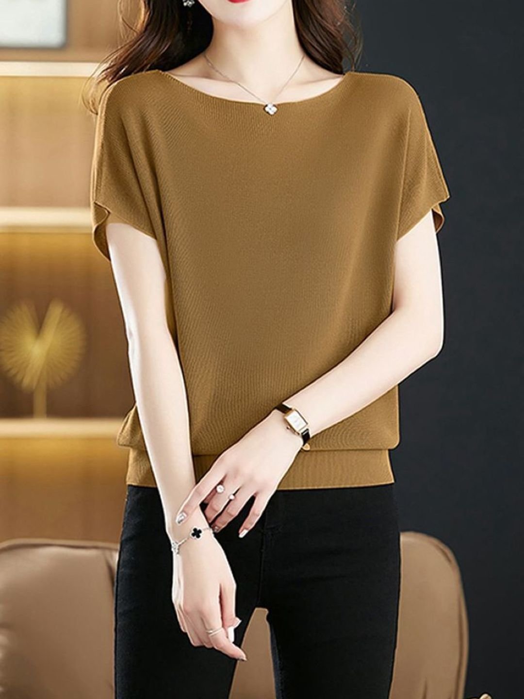 Golden Brown Scoop Neck Cap Sleeve T-Shirt
