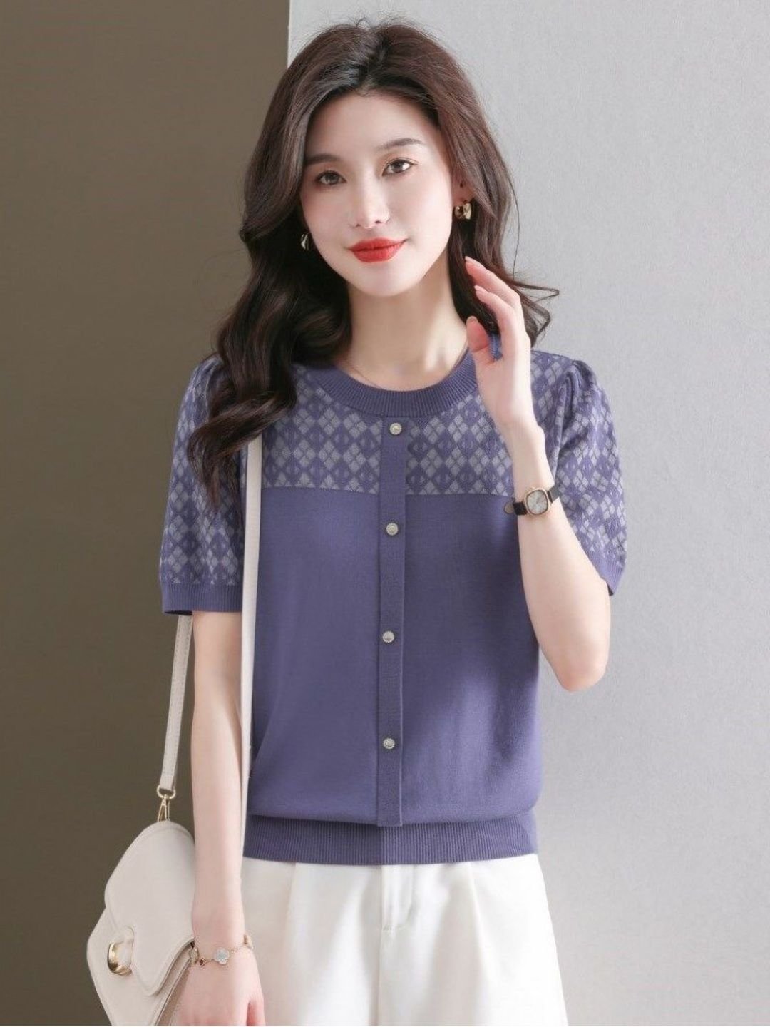 Purple Woven Short Sleeve Top