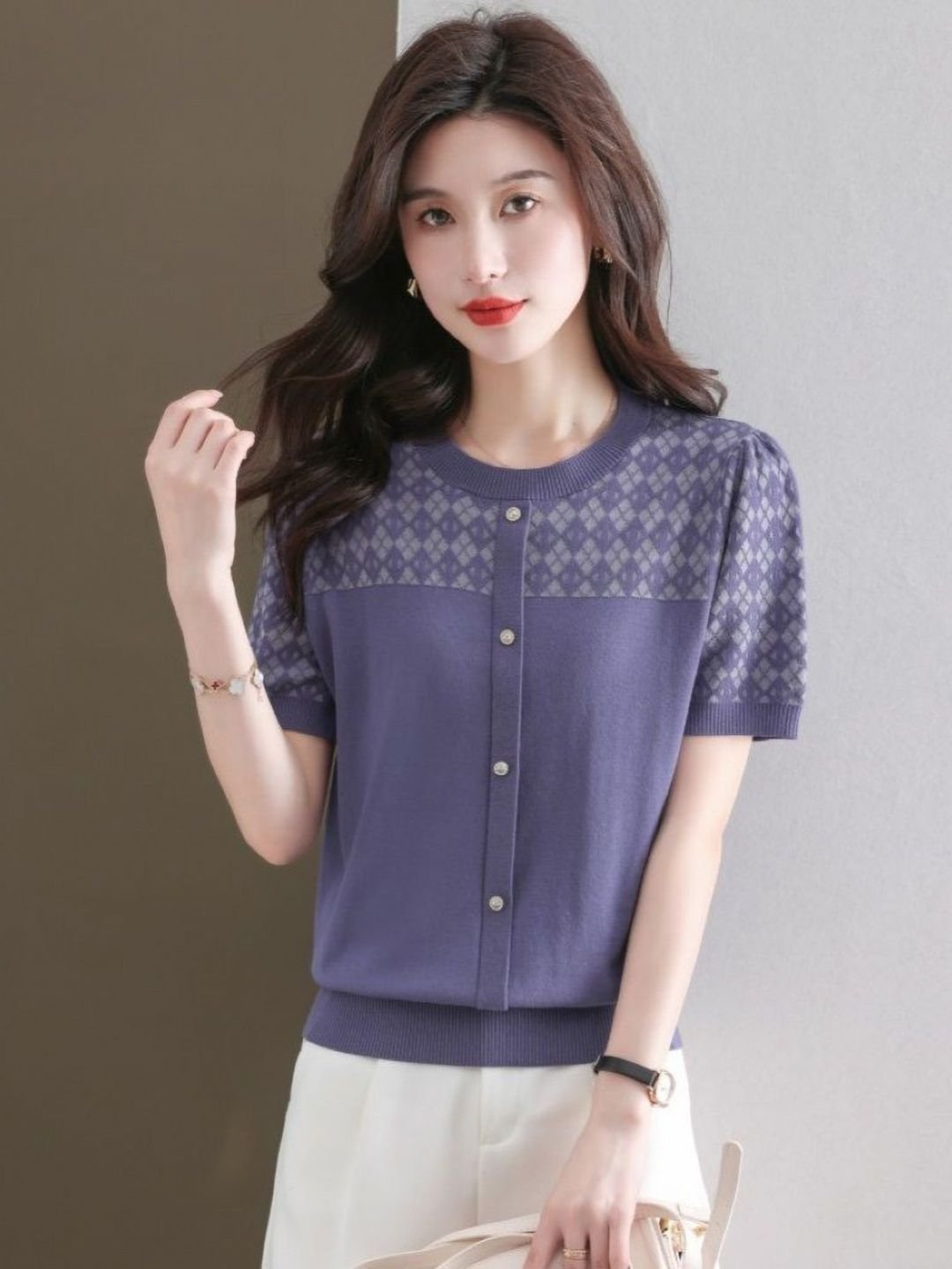 Purple Woven Short Sleeve Top
