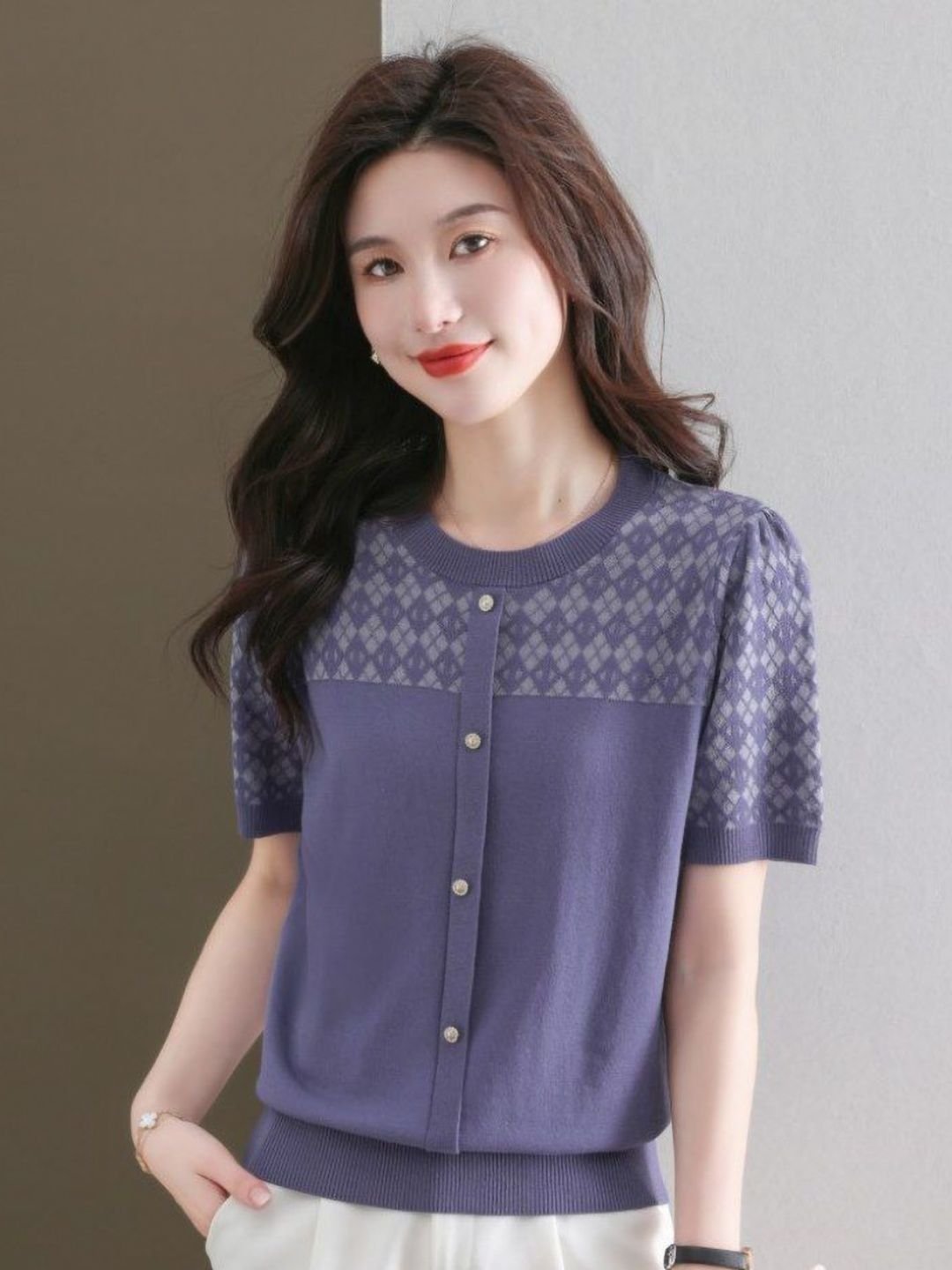 Purple Woven Short Sleeve Top