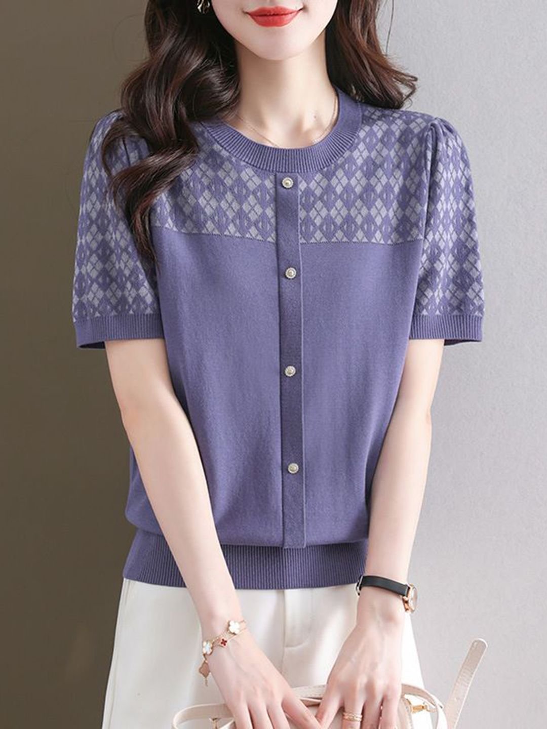 Purple Woven Short Sleeve Top