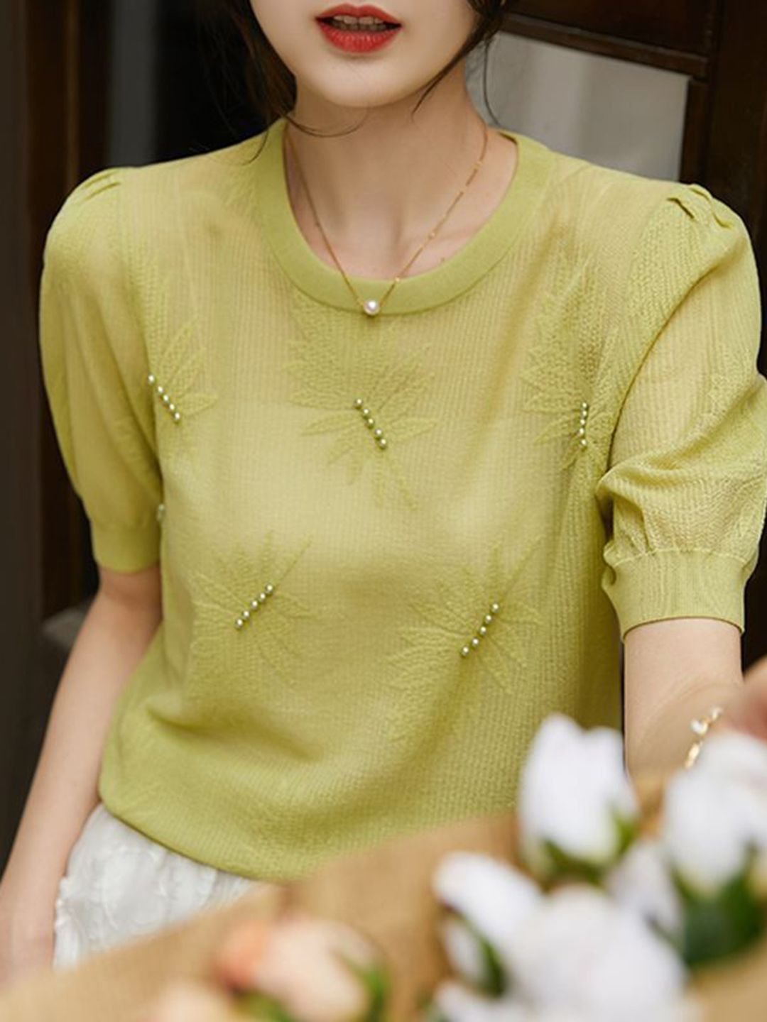 Green Round Neck T-Shirt with Pearl Embellishments