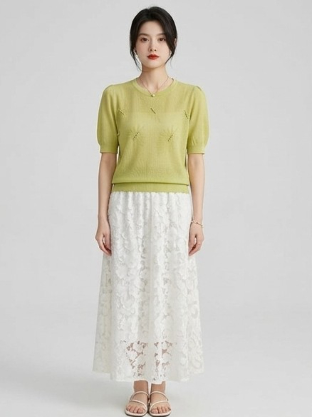Green Round Neck T-Shirt with Pearl Embellishments